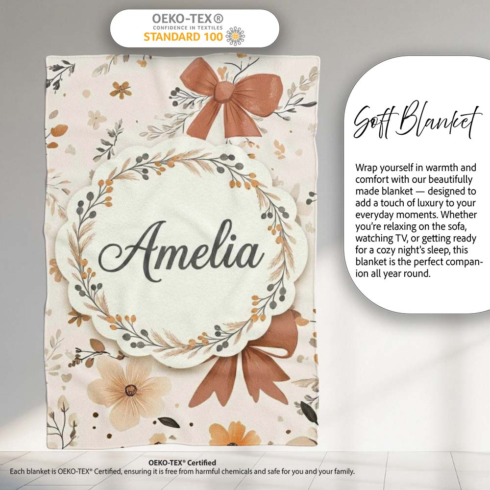 Neutral Beige Bows with Soft Floral Botanical Design Seamless Lovely  Personalised Custom Name Super Soft Fleece Blanket Bed Sofa Throw