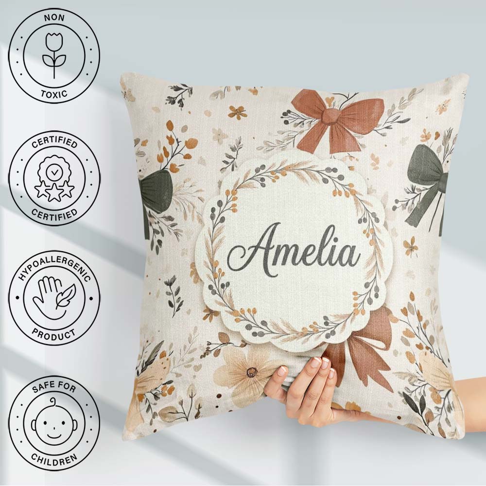 Custom Name Neutral Beige Bows with Soft Floral Botanical Design Square Filled Cushion Throw Pillow Sofa Bed Home Decor Zip Washable UK Made