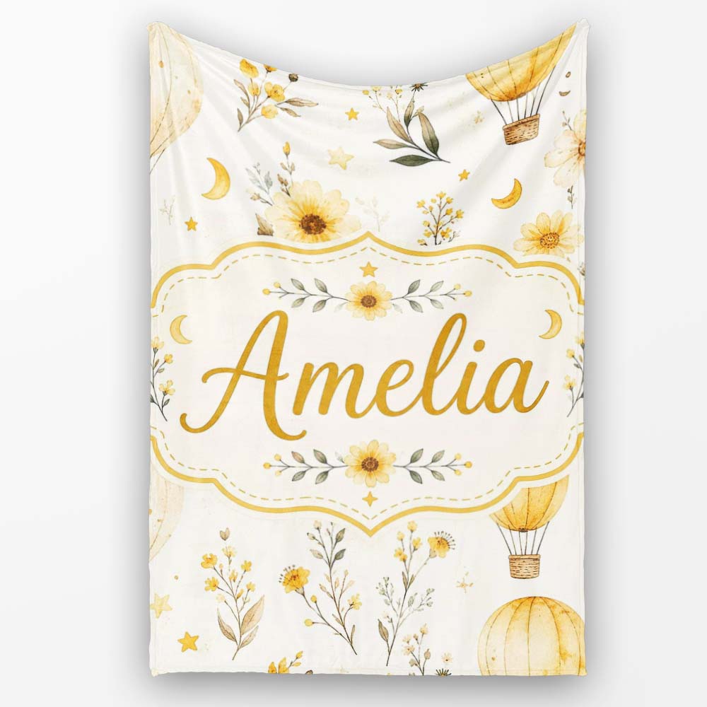 Vintage Hot Air Balloons with Yellow Floral Background Seamless  Personalised Custom Name Super Soft Fleece Blanket Bed Sofa Throw