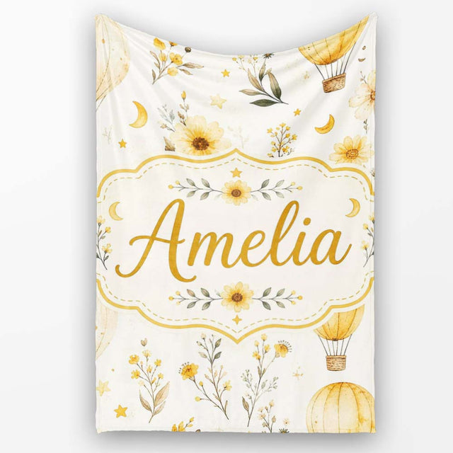 Vintage Hot Air Balloons with Yellow Floral Background Seamless  Personalised Custom Name Super Soft Fleece Blanket Bed Sofa Throw