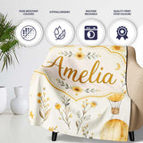 Vintage Hot Air Balloons with Yellow Floral Background Seamless  Personalised Custom Name Super Soft Fleece Blanket Bed Sofa Throw