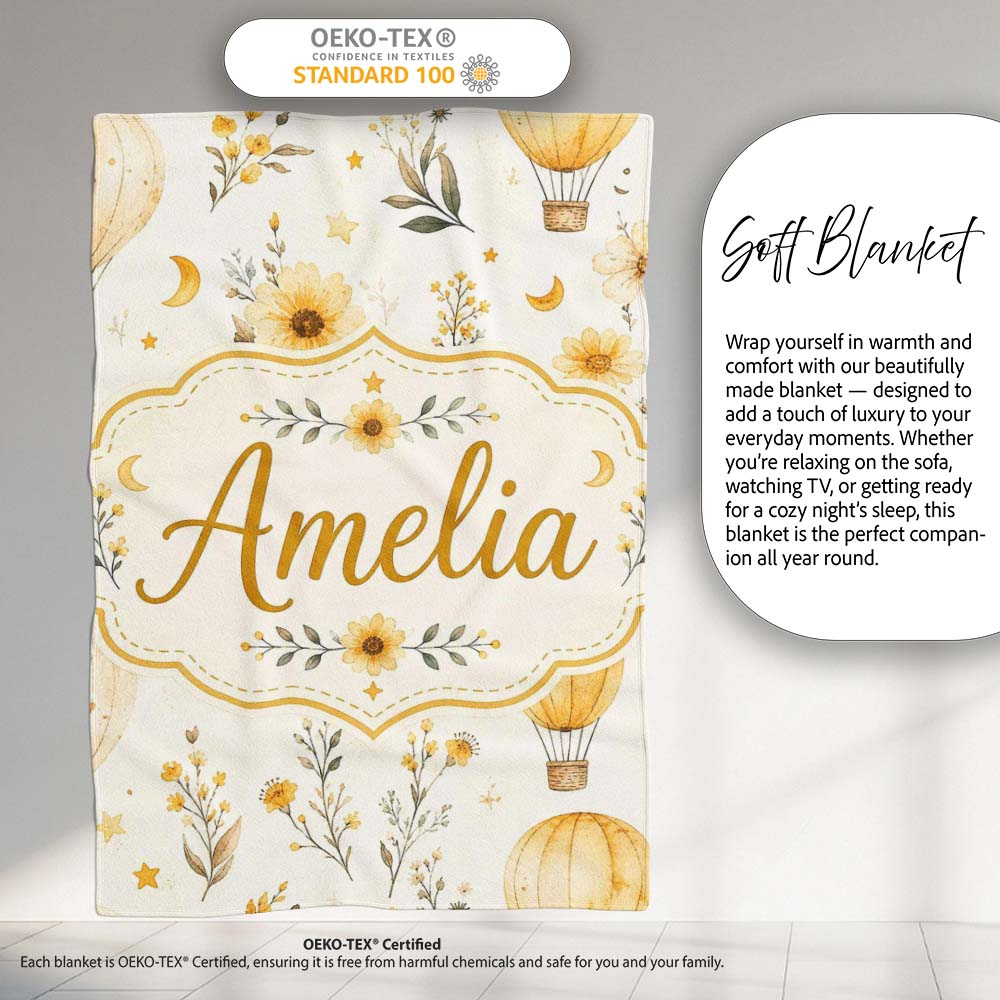 Vintage Hot Air Balloons with Yellow Floral Background Seamless  Personalised Custom Name Super Soft Fleece Blanket Bed Sofa Throw