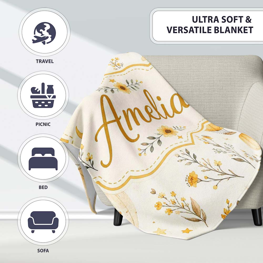 Vintage Hot Air Balloons with Yellow Floral Background Seamless  Personalised Custom Name Super Soft Fleece Blanket Bed Sofa Throw