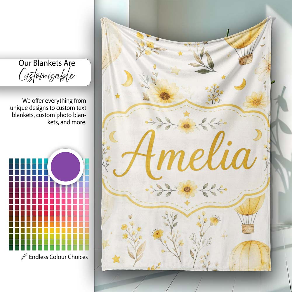 Vintage Hot Air Balloons with Yellow Floral Background Seamless  Personalised Custom Name Super Soft Fleece Blanket Bed Sofa Throw