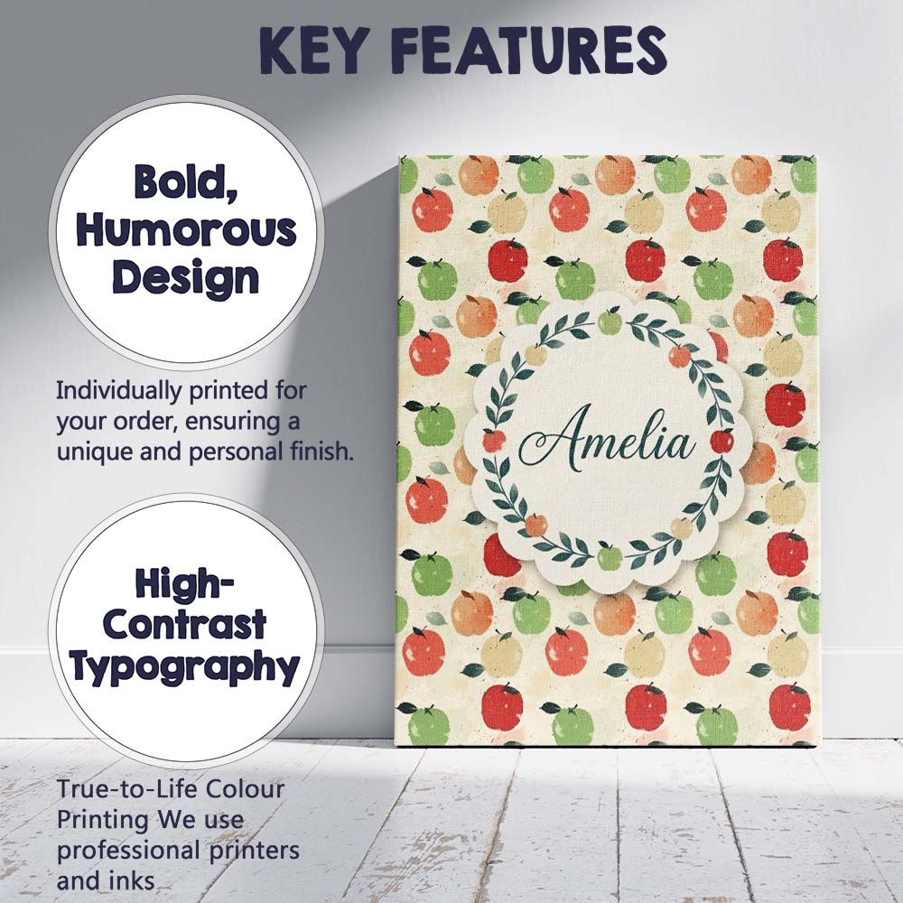 Personalised Name Colorful Apples Fruit Custom  Modern Room Accent Elegant Feature Canvas Wall Art Print Decor Picture Ready to Hang