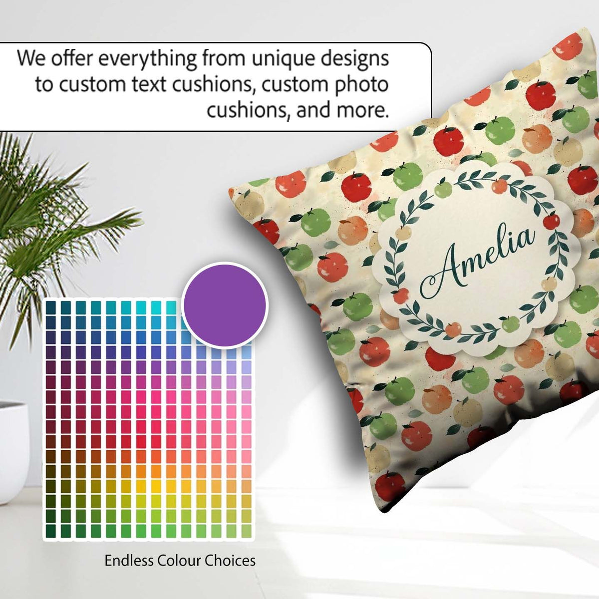 Custom Name Colorful Apples Fruit Pattern Leaves Seamless Design Square Filled Cushion Throw Pillow Sofa Bed Home Decor Zip Washable UK Made