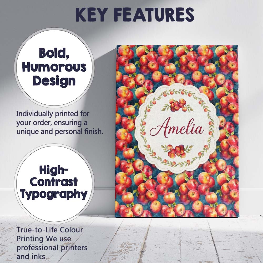 Personalised Name Watercolor Red Apples Custom  Modern Room Accent Elegant Feature Canvas Wall Art Print Decor Picture Ready to Hang