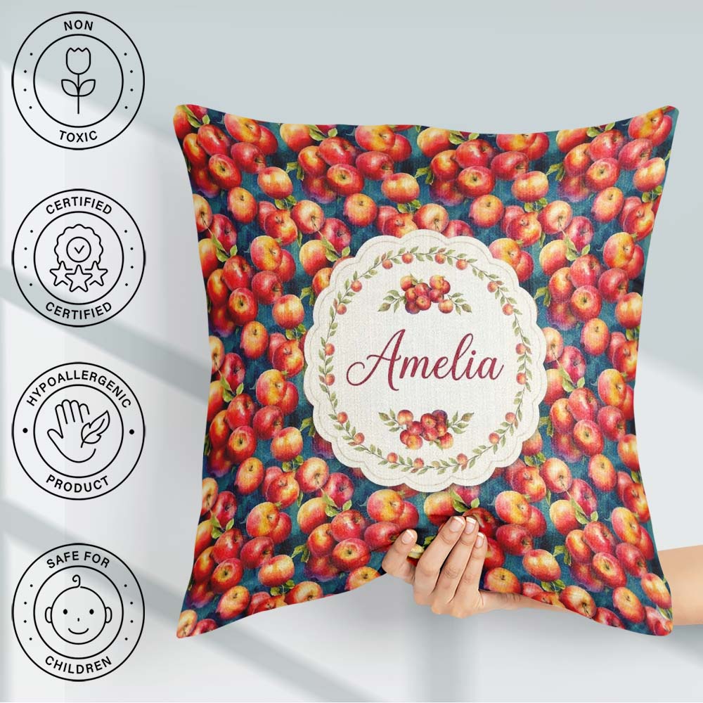 Custom Name Watercolor Apples with Deep Blue Background Seamless Square Filled Cushion Throw Pillow Sofa Bed Home Decor Zip Washable UK Made