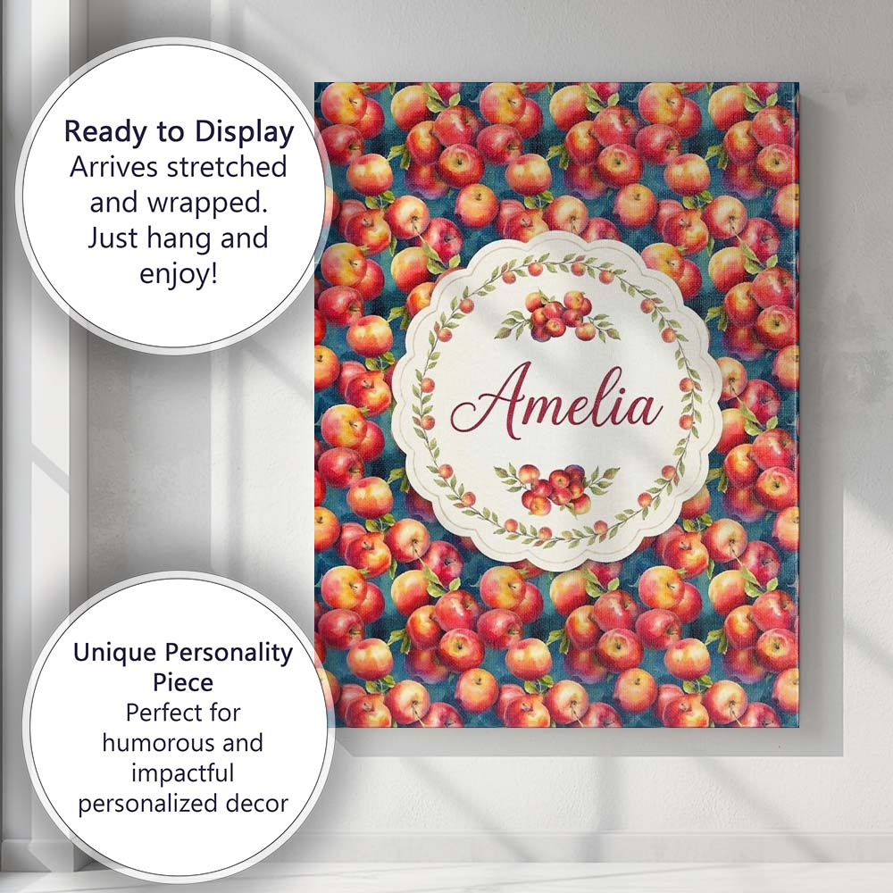 Personalised Name Watercolor Red Apples Custom  Modern Room Accent Elegant Feature Canvas Wall Art Print Decor Picture Ready to Hang