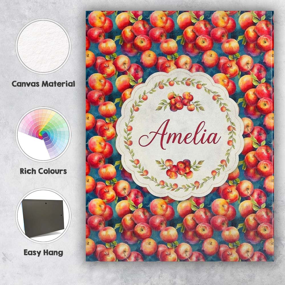 Personalised Name Watercolor Red Apples Custom  Modern Room Accent Elegant Feature Canvas Wall Art Print Decor Picture Ready to Hang