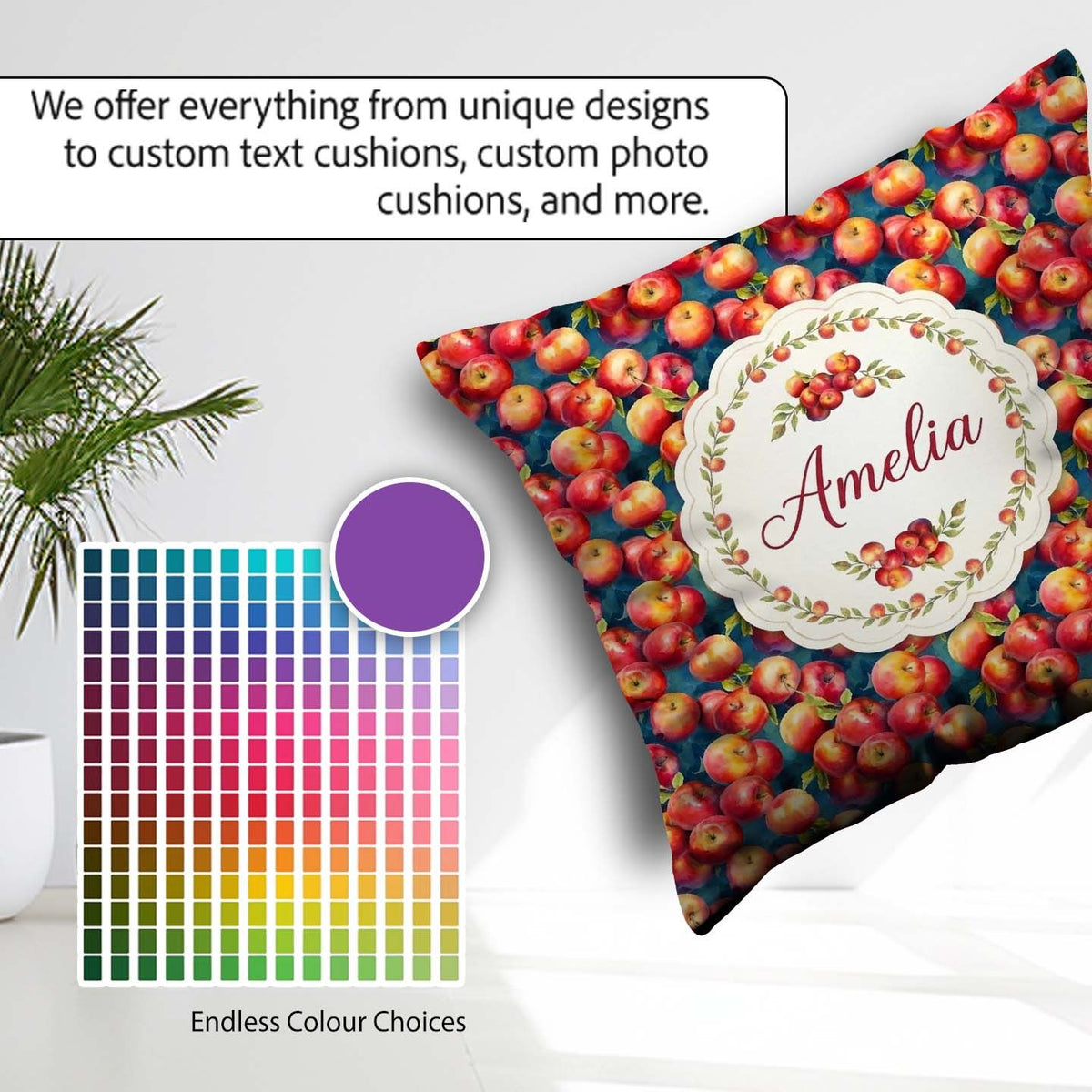 Custom Name Watercolor Apples with Deep Blue Background Seamless Square Filled Cushion Throw Pillow Sofa Bed Home Decor Zip Washable UK Made