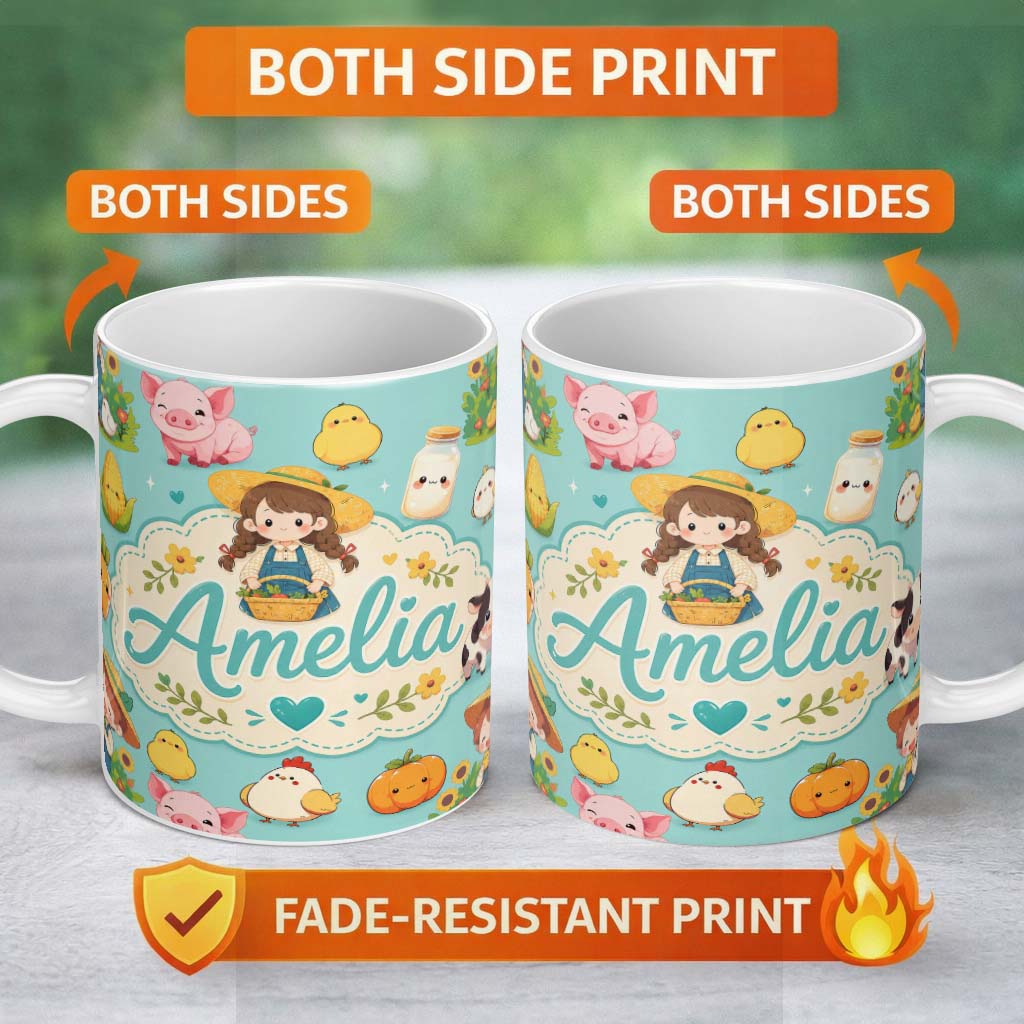 Personalized Custom Name Cute Farm Animals Girl Pig Cow Chicken Mint Green Background Lovely 11oz Ceramic Coffee Tea Mug White Large Handle