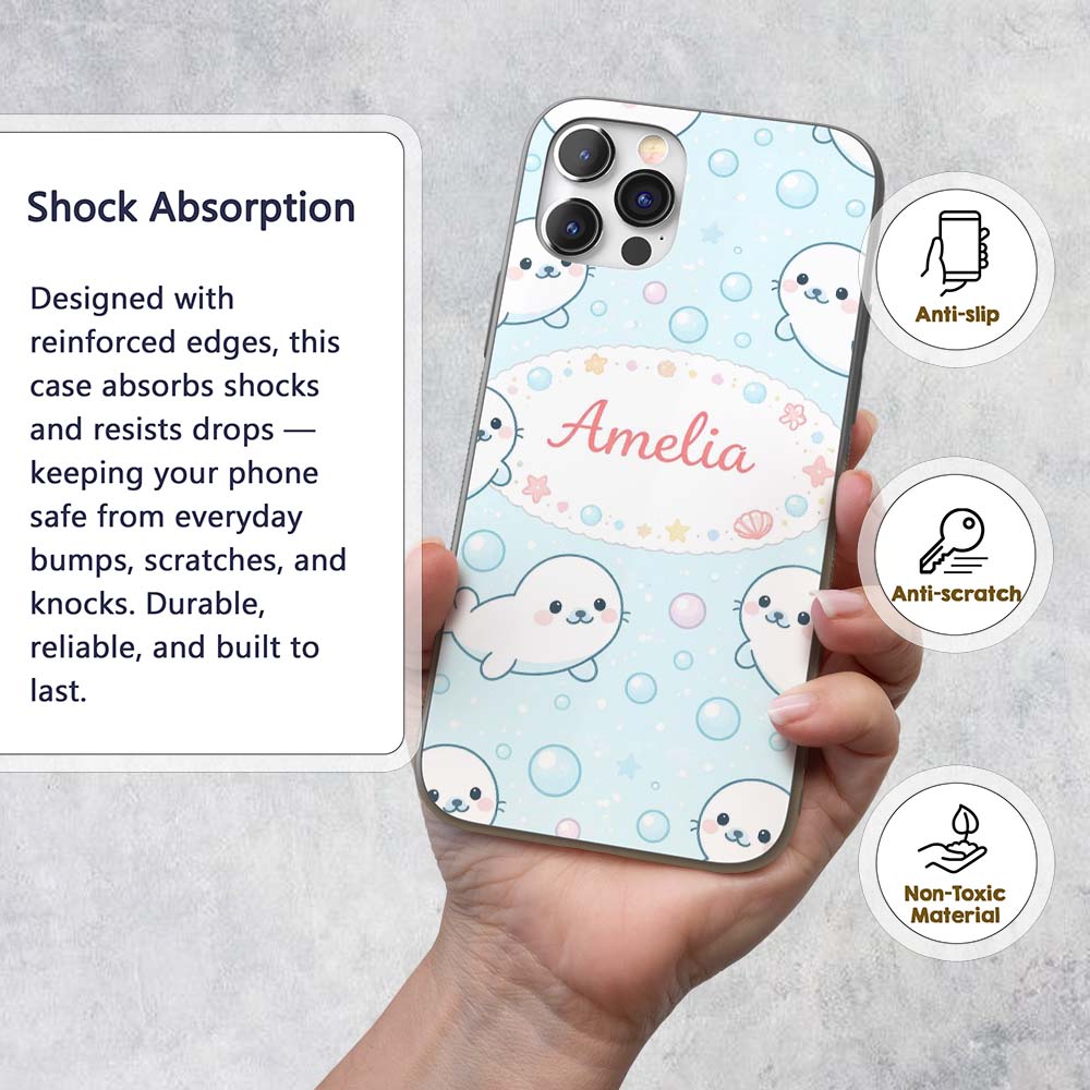 Cute Kawaii Seal Cartoon Animal Ocean Pattern Custom Name Protective Phone Case Mobile Cover Durable Everyday Smartphone Shock Resistant
