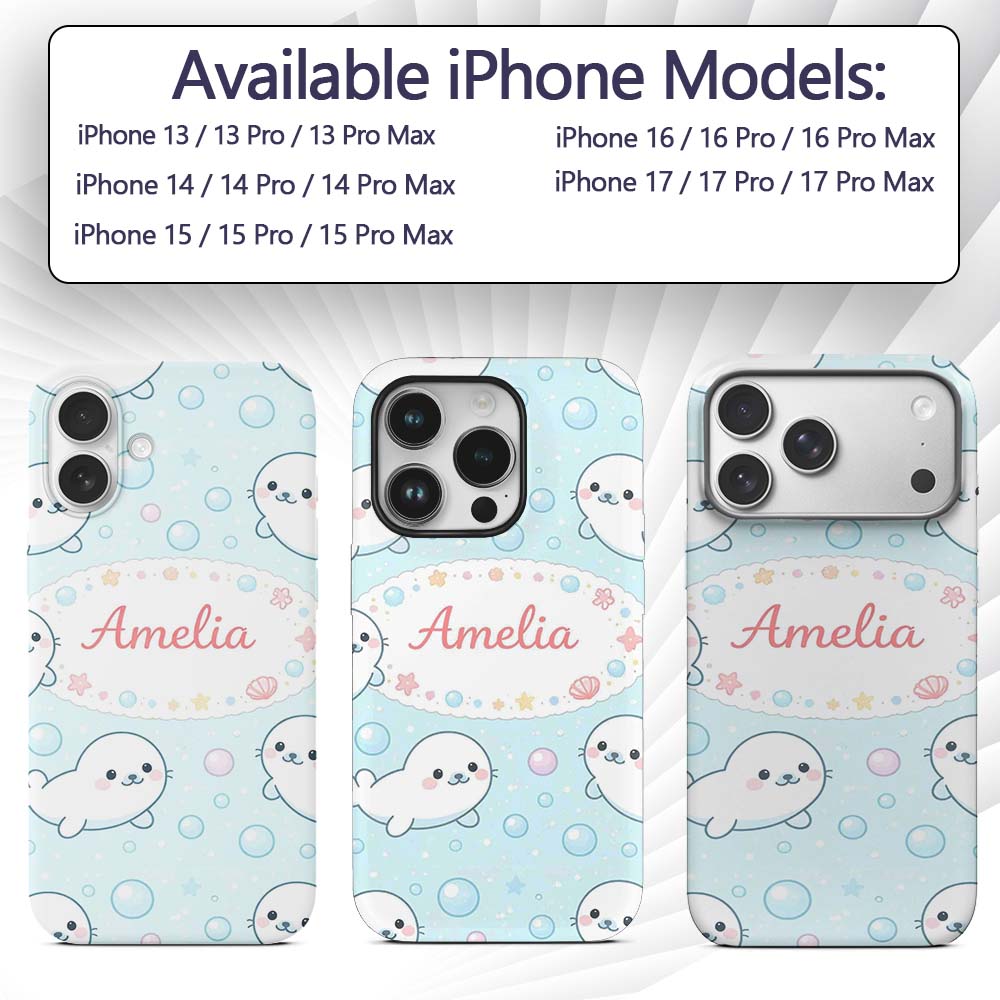 Cute Kawaii Seal Cartoon Animal Ocean Pattern Custom Name Protective Phone Case Mobile Cover Durable Everyday Smartphone Shock Resistant