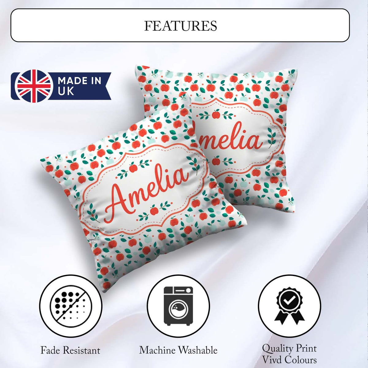Custom Name Modern Red Teal Apples with Leaves Seamless Pattern Square Filled Cushion Throw Pillow Sofa Bed Home Decor Zip Washable UK Made