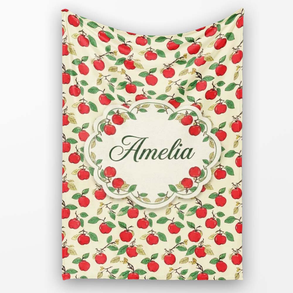 Vintage Red Apples on Branches with Leaves Seamless Pattern Lovely  Personalised Custom Name Super Soft Fleece Blanket Bed Sofa Throw