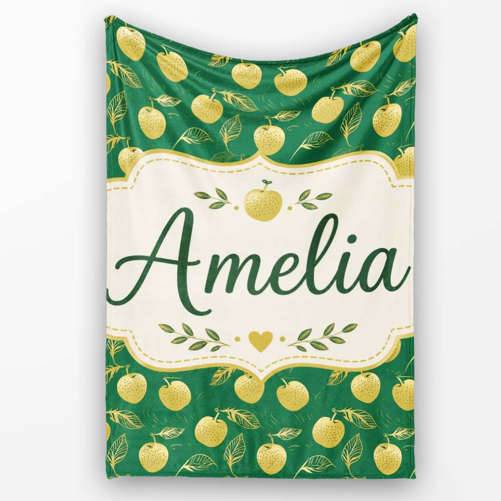 Elegant Golden Apples and Leaves on Dark Green Seamless Pattern  Personalised Custom Name Super Soft Fleece Blanket Bed Sofa Throw