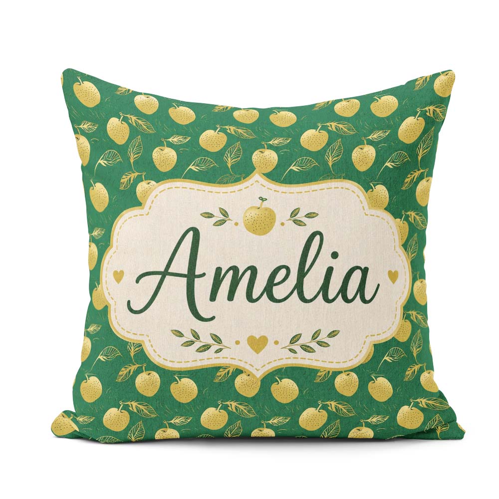 Custom Name Elegant Golden Apples and Leaves Dark Green Seamless Square Filled Cushion Throw Pillow Sofa Bed Home Decor Zip Washable UK Made