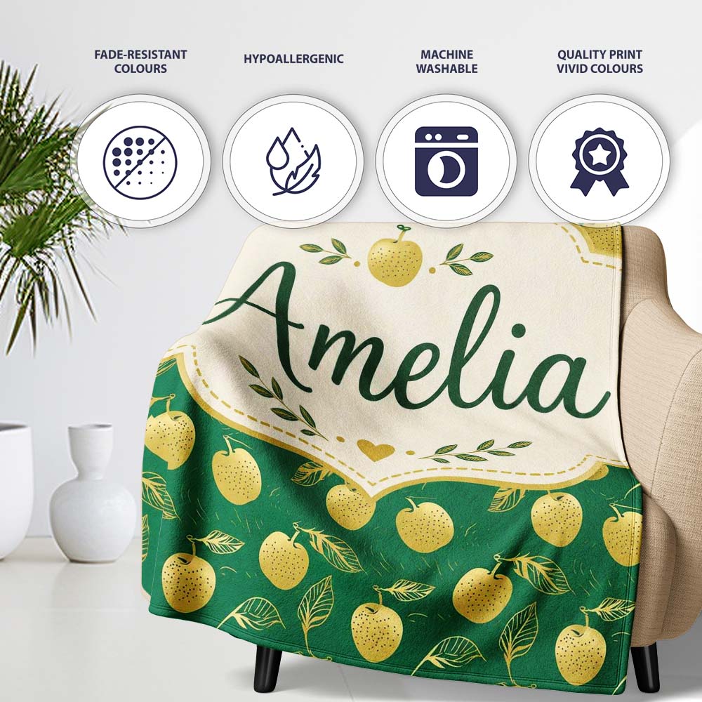 Elegant Golden Apples and Leaves on Dark Green Seamless Pattern  Personalised Custom Name Super Soft Fleece Blanket Bed Sofa Throw