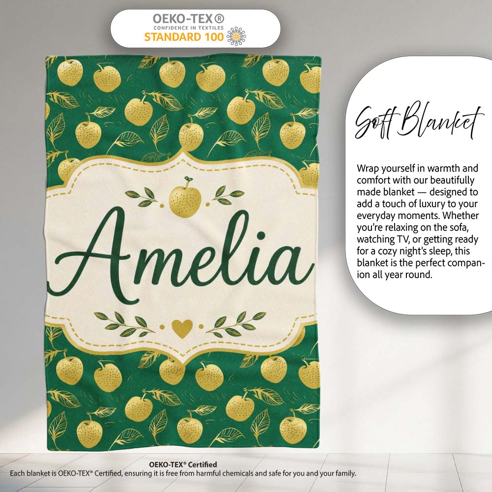 Elegant Golden Apples and Leaves on Dark Green Seamless Pattern  Personalised Custom Name Super Soft Fleece Blanket Bed Sofa Throw