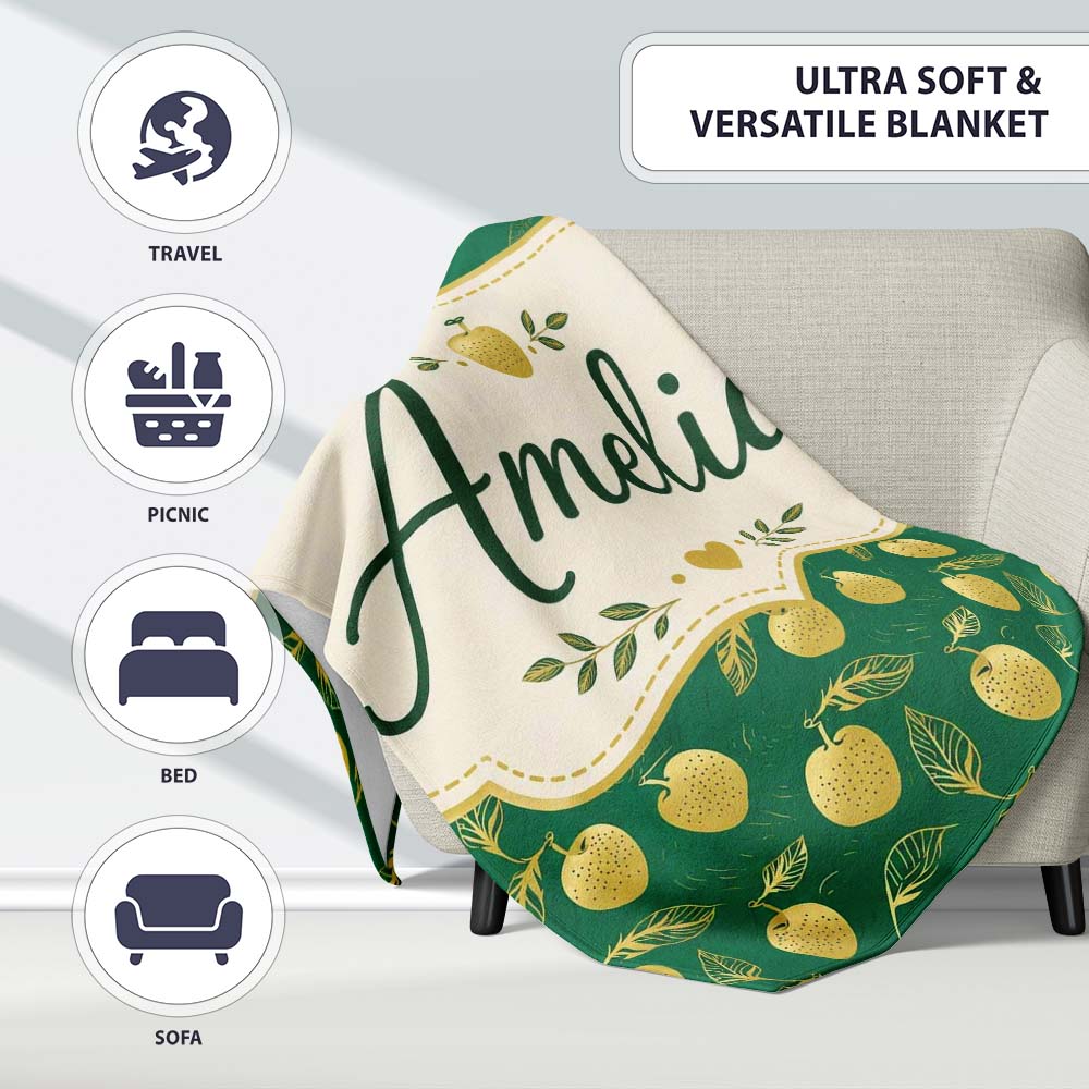 Elegant Golden Apples and Leaves on Dark Green Seamless Pattern  Personalised Custom Name Super Soft Fleece Blanket Bed Sofa Throw