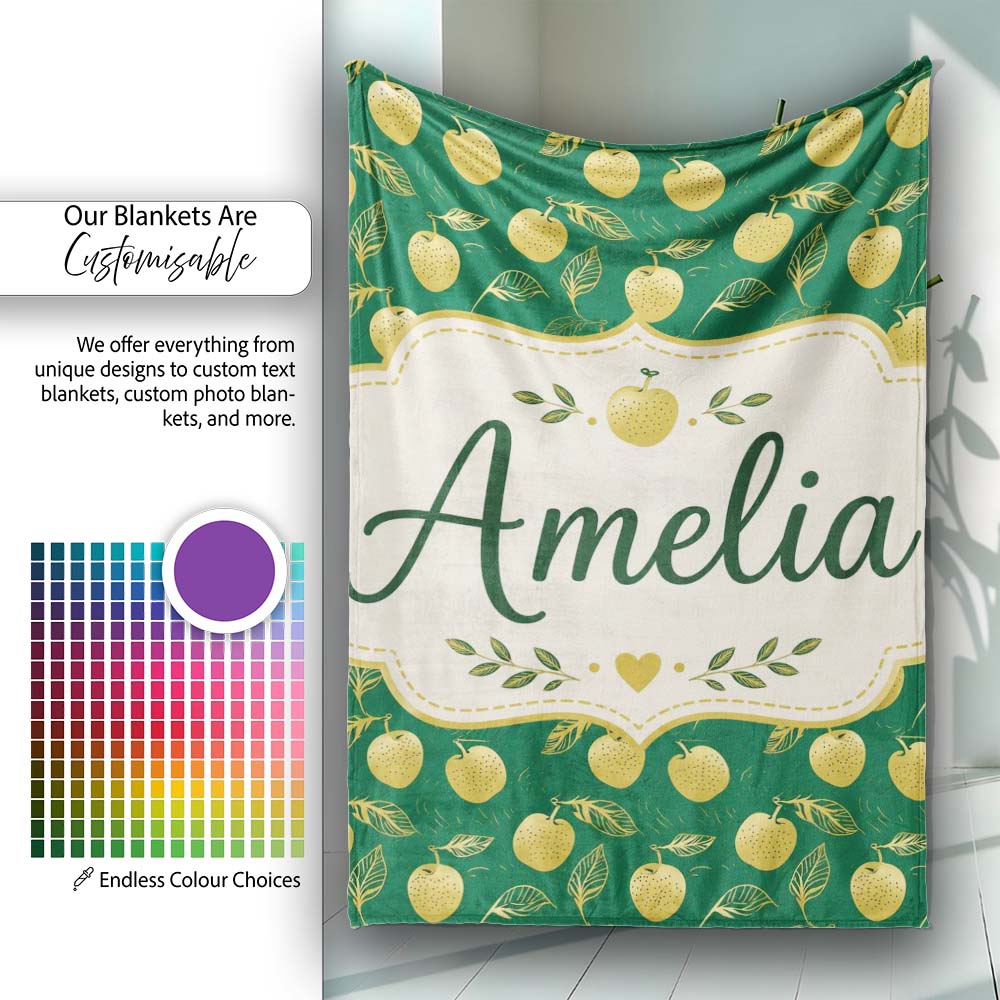 Elegant Golden Apples and Leaves on Dark Green Seamless Pattern  Personalised Custom Name Super Soft Fleece Blanket Bed Sofa Throw