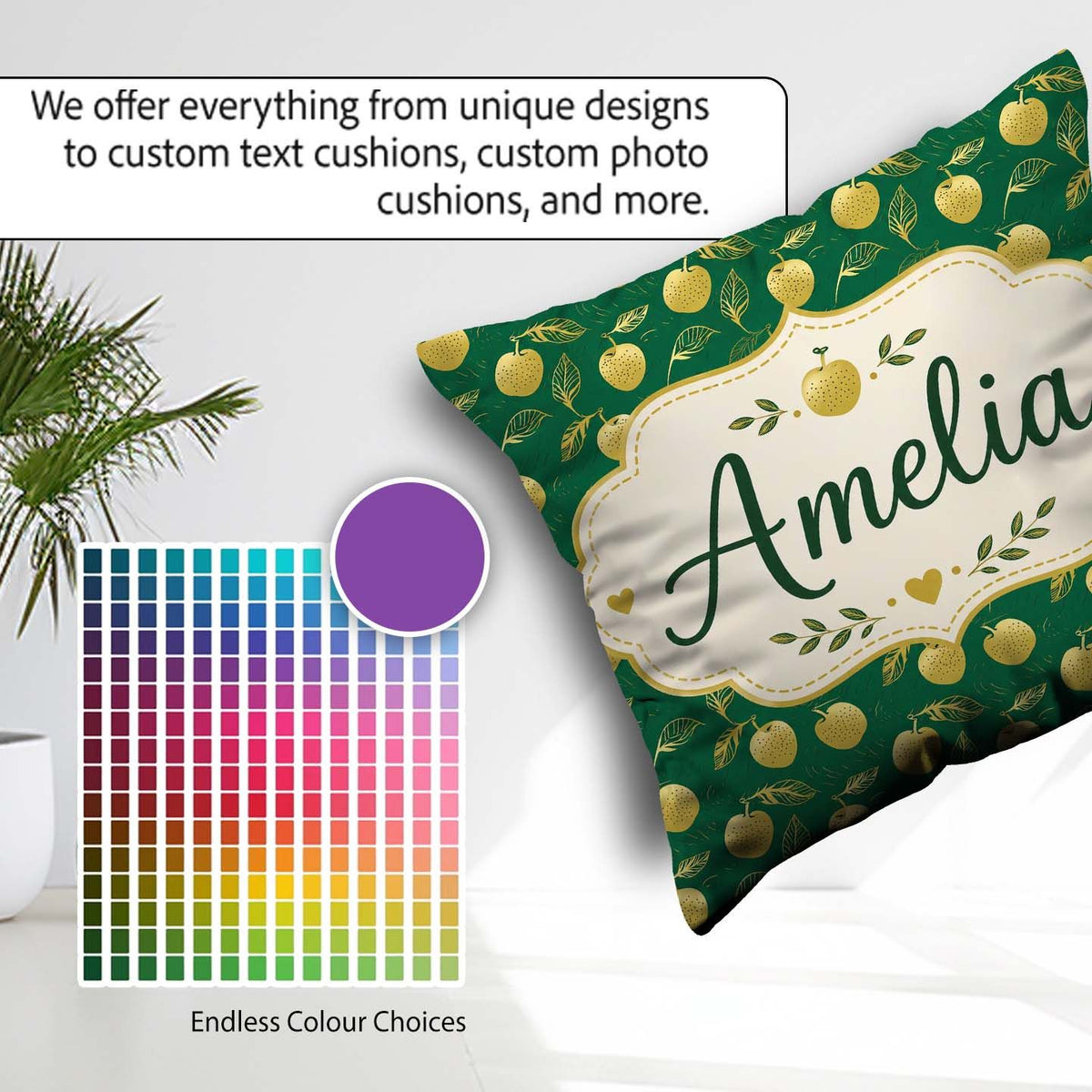 Custom Name Elegant Golden Apples and Leaves Dark Green Seamless Square Filled Cushion Throw Pillow Sofa Bed Home Decor Zip Washable UK Made
