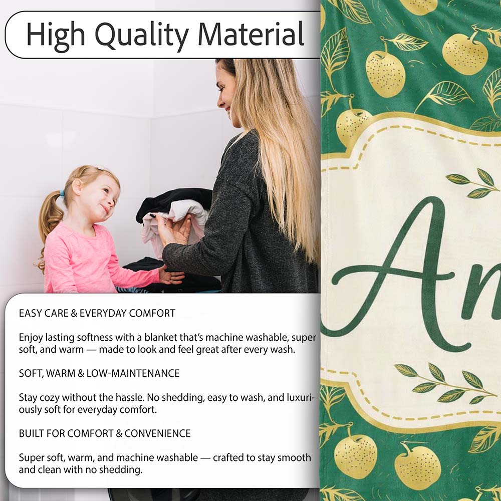 Elegant Golden Apples and Leaves on Dark Green Seamless Pattern  Personalised Custom Name Super Soft Fleece Blanket Bed Sofa Throw