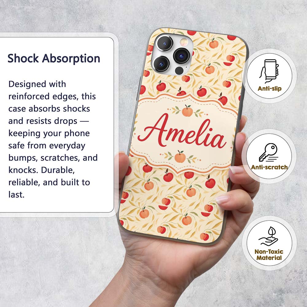 Stylized Apples with Flowing Leaves on Cream Custom Name Protective Phone Case Mobile Cover Durable Everyday Smartphone Shock Resistant