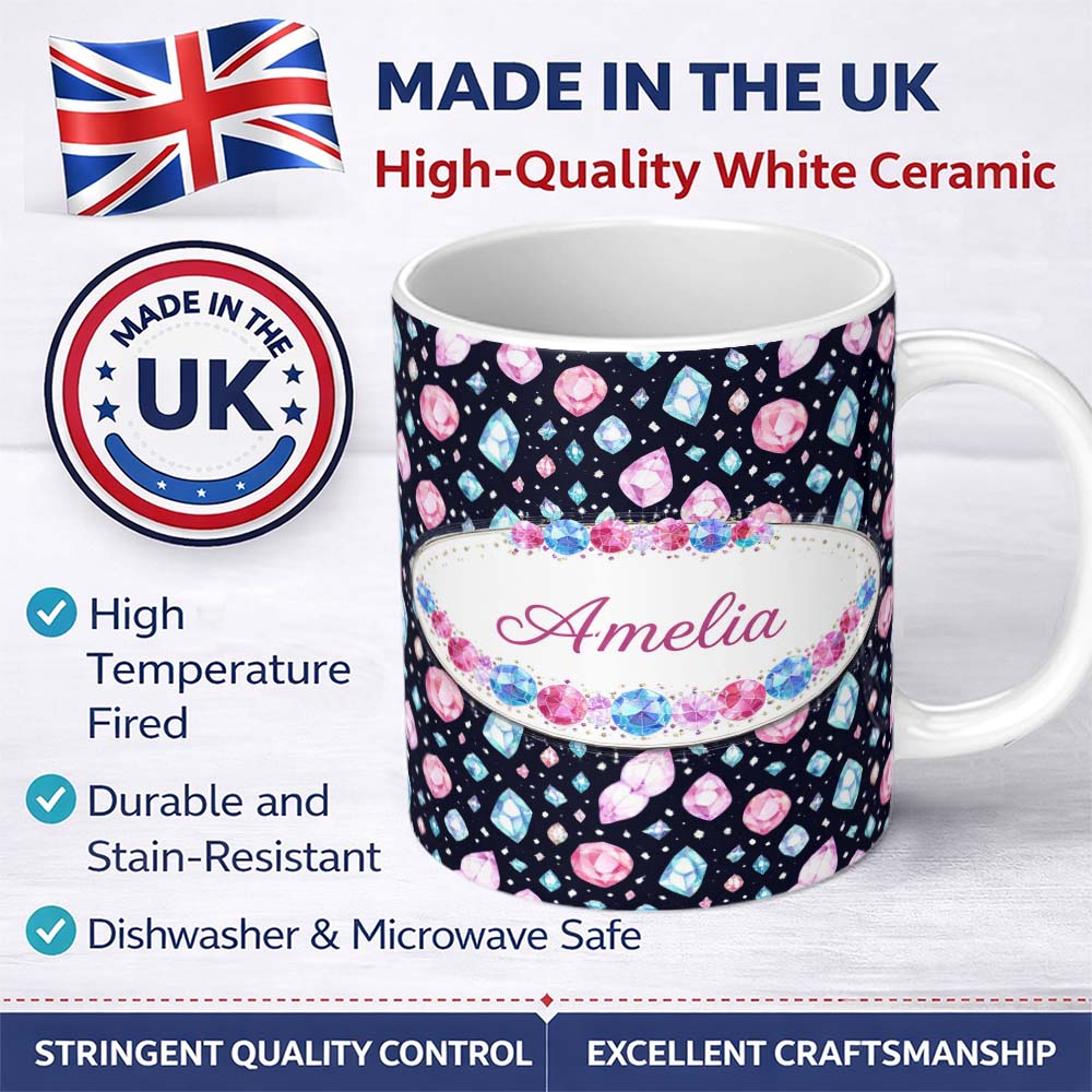 Personalized Custom Name Navy Blue Cosmic Crystal Gemstone Seamless Pattern Cute Unique Gift 11oz Ceramic Coffee Tea Mug White Large Handle