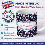 Personalized Custom Name Navy Blue Cosmic Crystal Gemstone Seamless Pattern Cute Unique Gift 11oz Ceramic Coffee Tea Mug White Large Handle