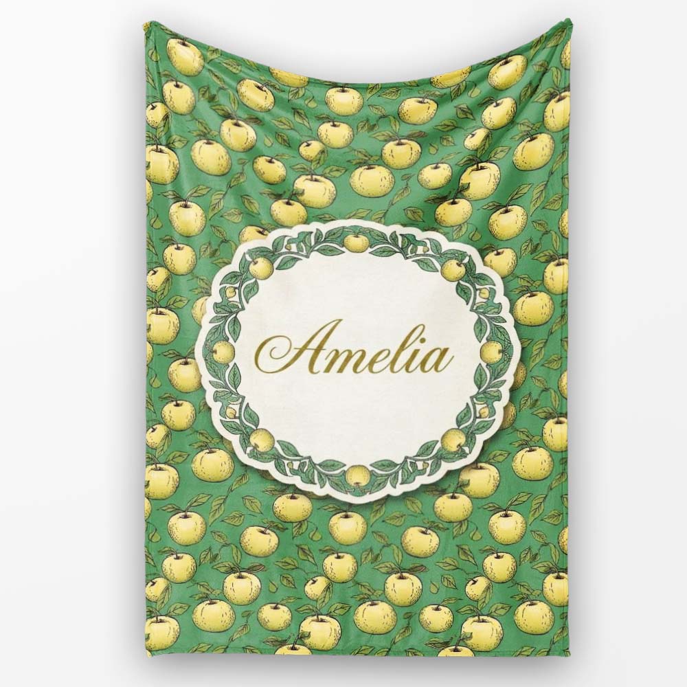 Vintage Yellow Apples with Leaves on Green Background Seamless  Personalised Custom Name Super Soft Fleece Blanket Bed Sofa Throw