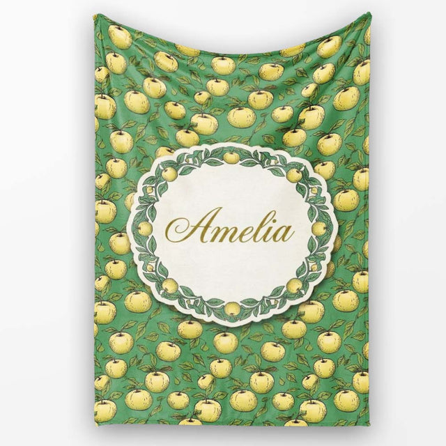 Vintage Yellow Apples with Leaves on Green Background Seamless  Personalised Custom Name Super Soft Fleece Blanket Bed Sofa Throw