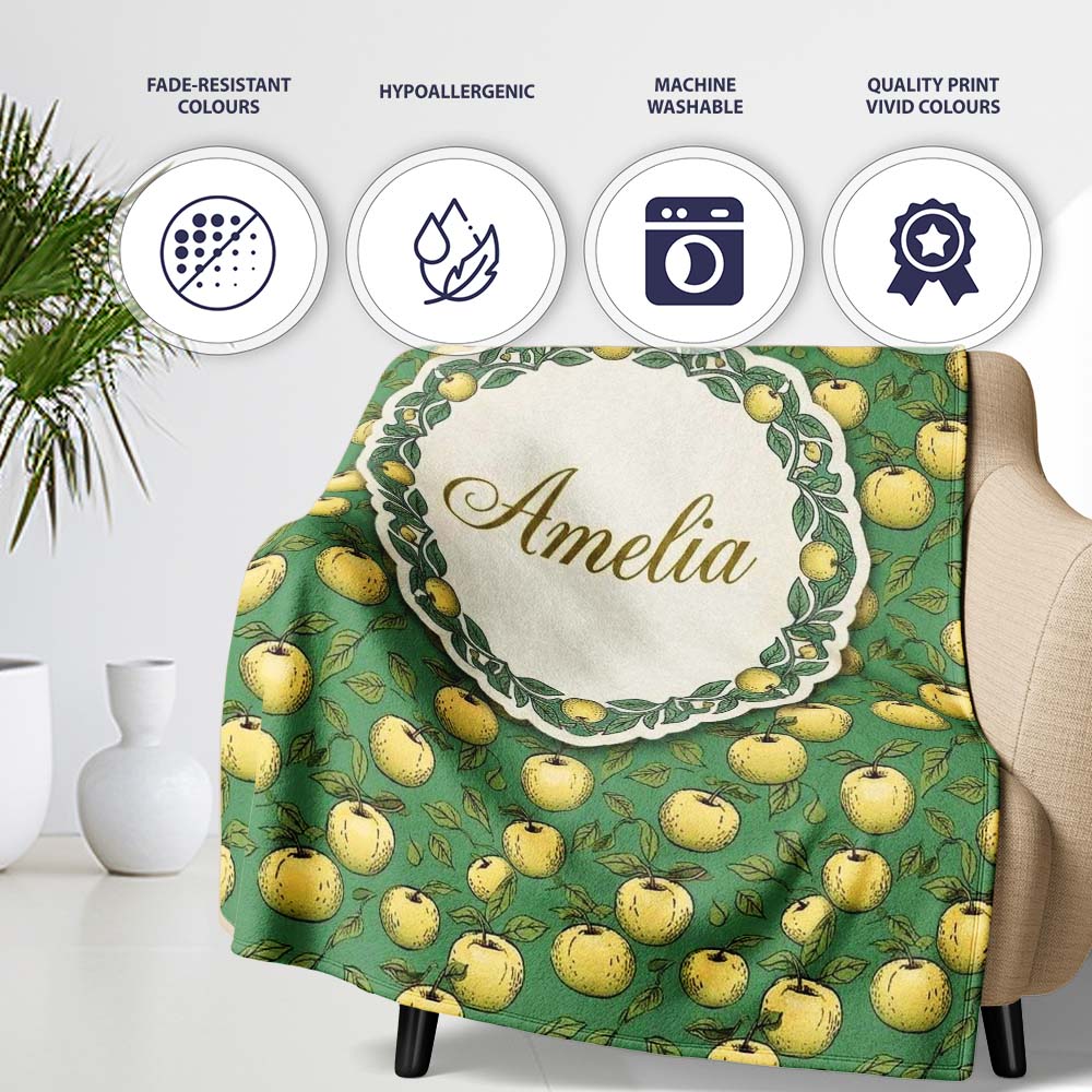 Vintage Yellow Apples with Leaves on Green Background Seamless  Personalised Custom Name Super Soft Fleece Blanket Bed Sofa Throw