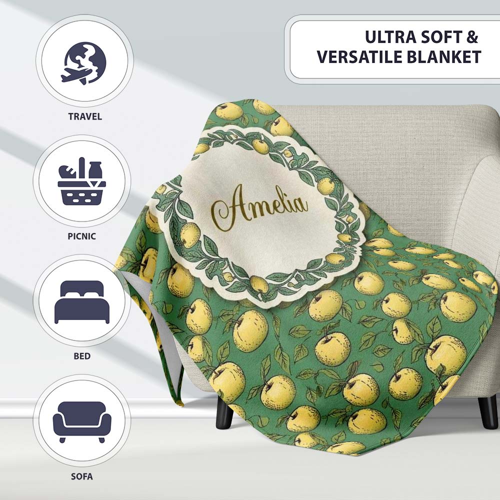 Vintage Yellow Apples with Leaves on Green Background Seamless  Personalised Custom Name Super Soft Fleece Blanket Bed Sofa Throw