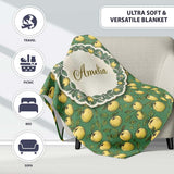 Vintage Yellow Apples with Leaves on Green Background Seamless  Personalised Custom Name Super Soft Fleece Blanket Bed Sofa Throw