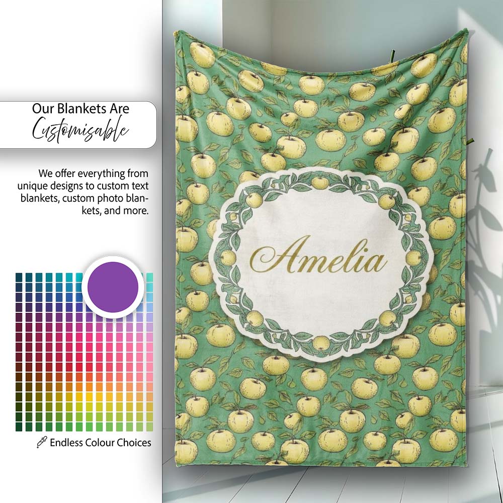 Vintage Yellow Apples with Leaves on Green Background Seamless  Personalised Custom Name Super Soft Fleece Blanket Bed Sofa Throw