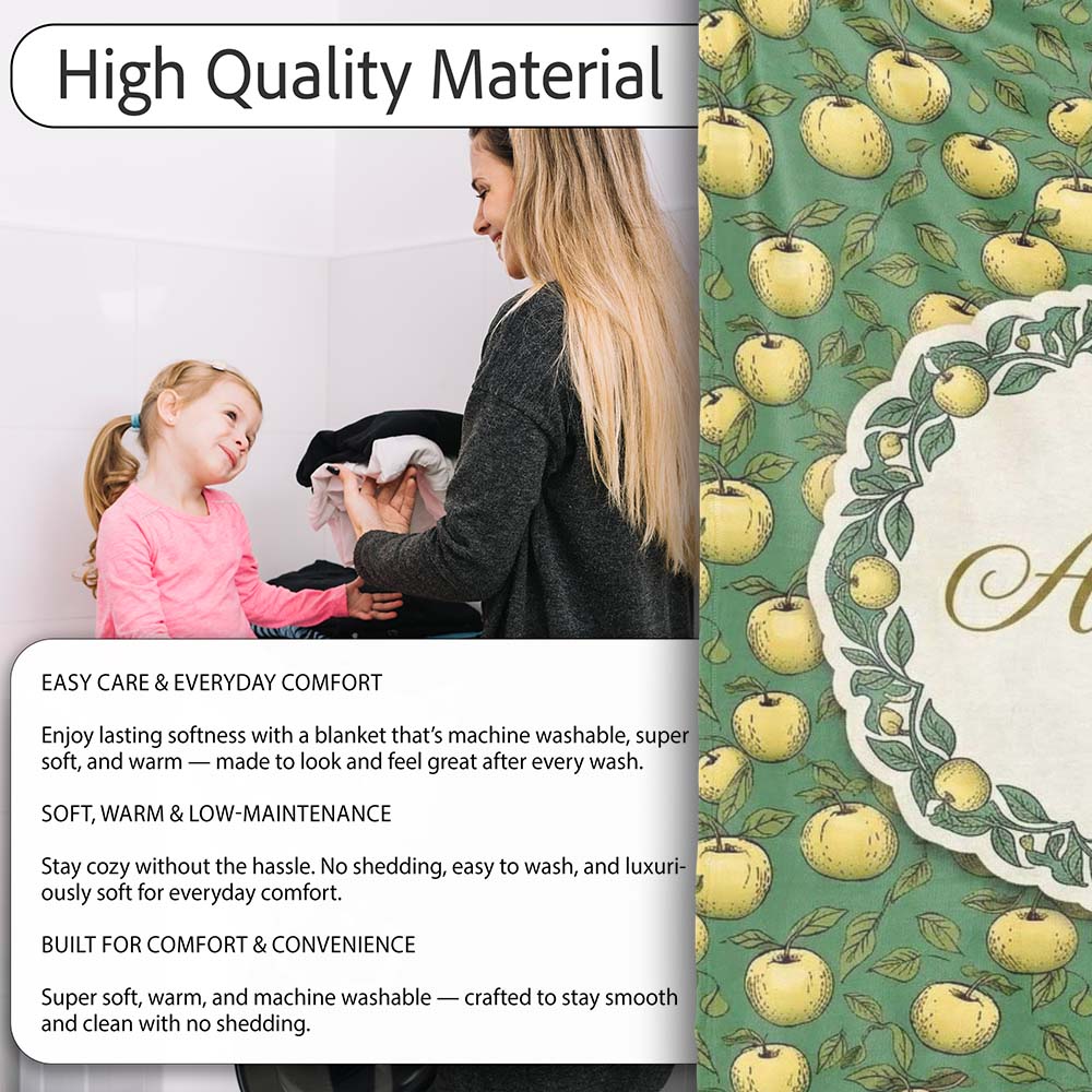 Vintage Yellow Apples with Leaves on Green Background Seamless  Personalised Custom Name Super Soft Fleece Blanket Bed Sofa Throw