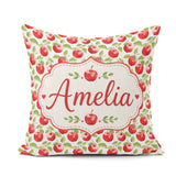 Custom Name Red Apples with Green Leaves Seamless Pattern Lovely Square Filled Cushion Throw Pillow Sofa Bed Home Decor Zip Washable UK Made