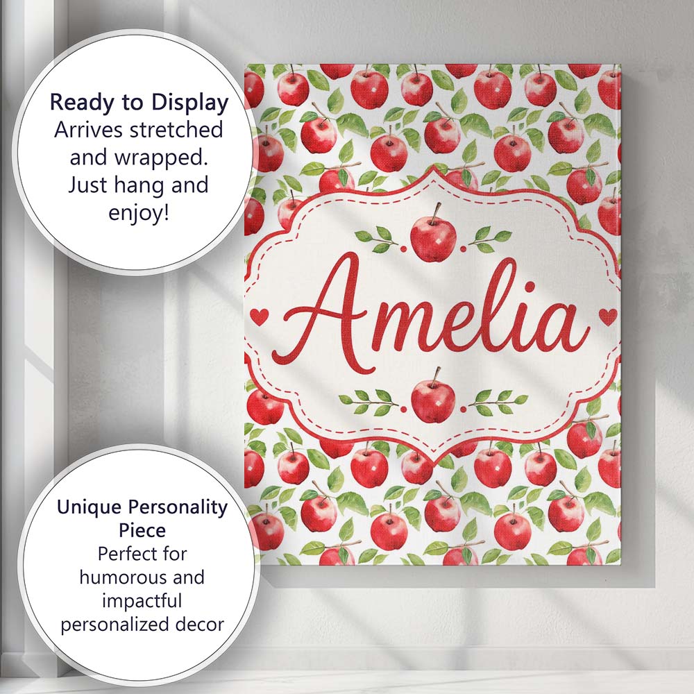 Personalised Name Watercolor Red Apples Custom  Modern Room Accent Elegant Feature Canvas Wall Art Print Decor Picture Ready to Hang