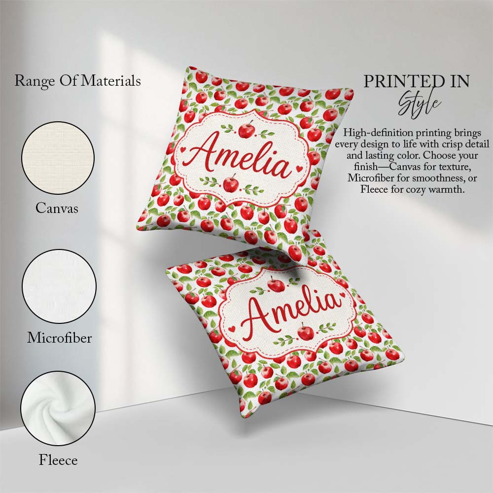 Custom Name Red Apples with Green Leaves Seamless Pattern Lovely Square Filled Cushion Throw Pillow Sofa Bed Home Decor Zip Washable UK Made
