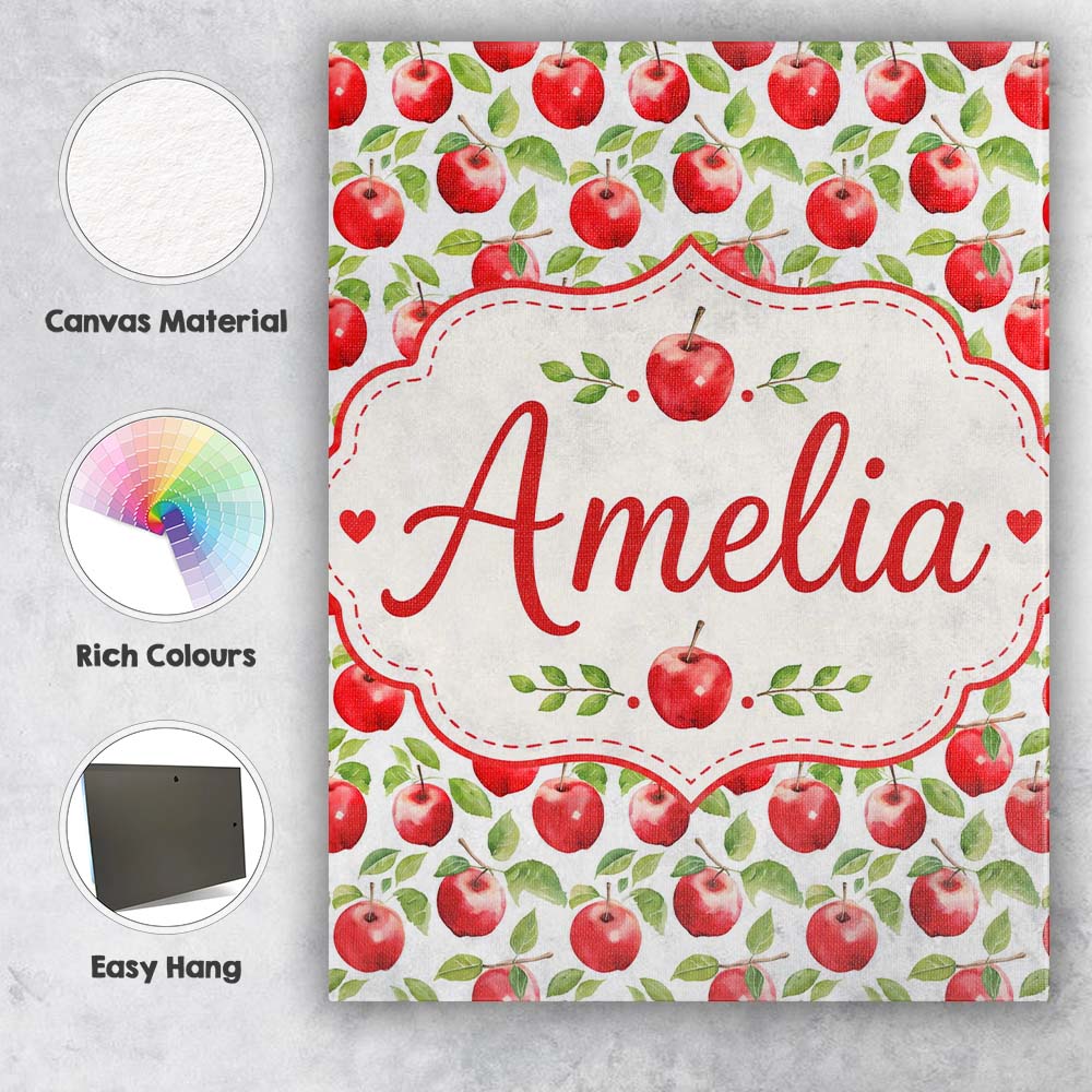 Personalised Name Watercolor Red Apples Custom  Modern Room Accent Elegant Feature Canvas Wall Art Print Decor Picture Ready to Hang