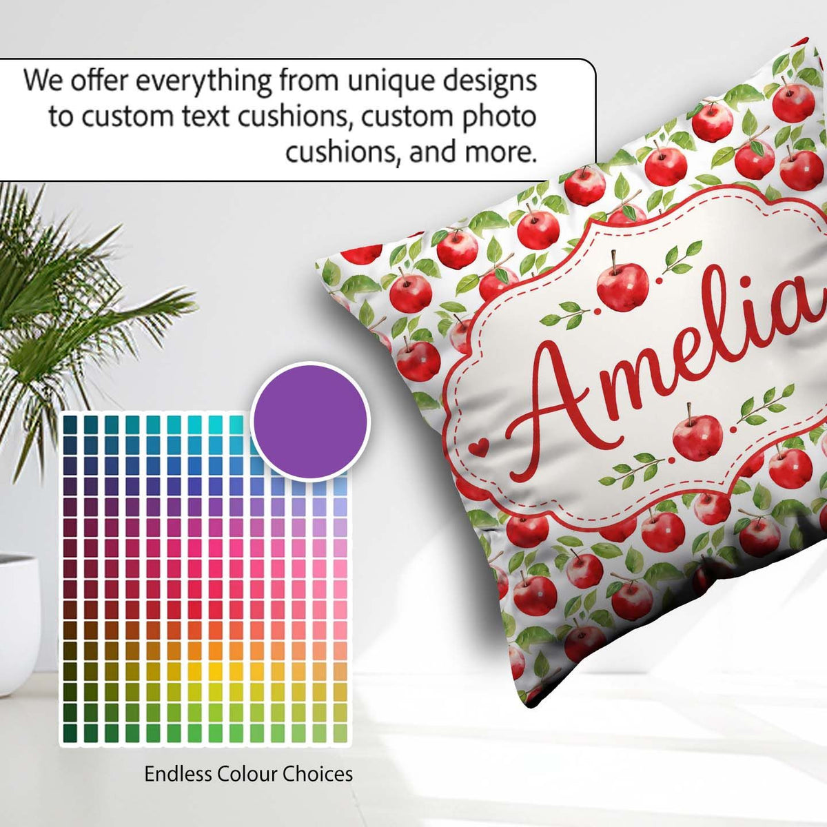 Custom Name Red Apples with Green Leaves Seamless Pattern Lovely Square Filled Cushion Throw Pillow Sofa Bed Home Decor Zip Washable UK Made