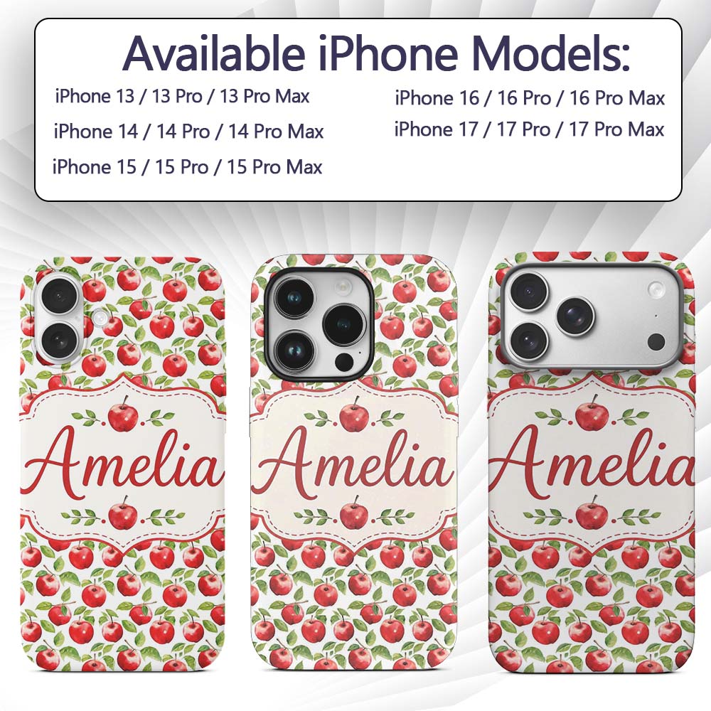Watercolor Red Apples with Green Leaves Seamless Custom Name Protective Phone Case Mobile Cover Durable Everyday Smartphone Shock Resistant