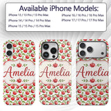 Watercolor Red Apples with Green Leaves Seamless Custom Name Protective Phone Case Mobile Cover Durable Everyday Smartphone Shock Resistant