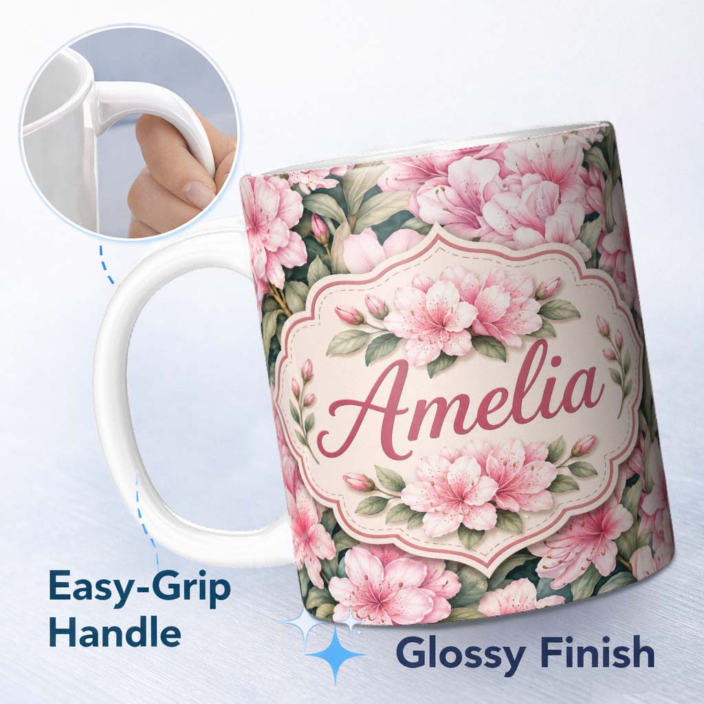 Personalized Custom Name Soft Pink Azalea Flowers Dense Botanical Seamless Pattern Lovely 11oz Ceramic Coffee Tea Mug White Large Handle