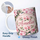 Personalized Custom Name Soft Pink Azalea Flowers Dense Botanical Seamless Pattern Lovely 11oz Ceramic Coffee Tea Mug White Large Handle