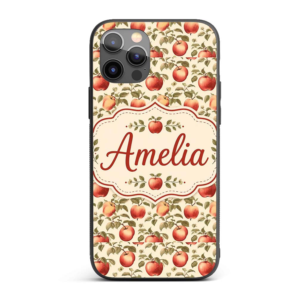 Vintage Red Apples with Detailed Leaves Botanical Custom Name Protective Phone Case Mobile Cover Durable Everyday Smartphone Shock Resistant