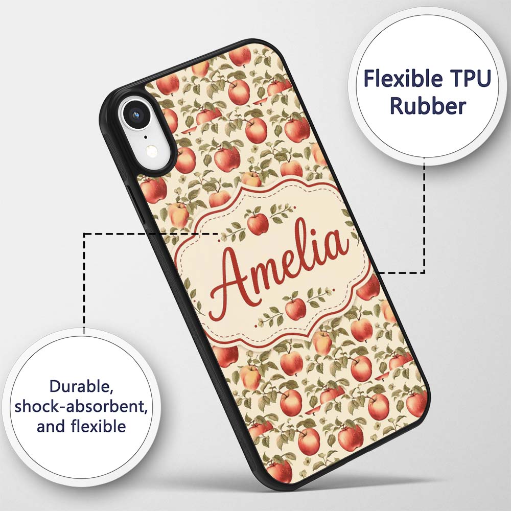 Vintage Red Apples with Detailed Leaves Botanical Custom Name Protective Phone Case Mobile Cover Durable Everyday Smartphone Shock Resistant