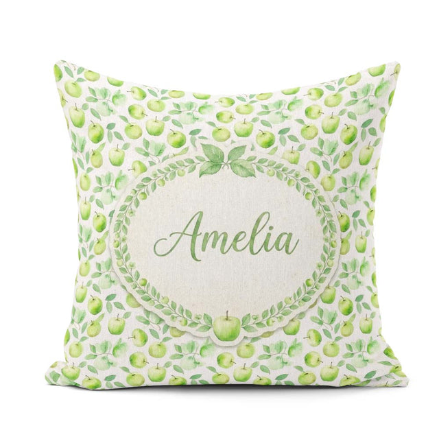 Custom Name Soft Watercolor Green Apples Leaves Seamless Pattern Square Filled Cushion Throw Pillow Sofa Bed Home Decor Zip Washable UK Made